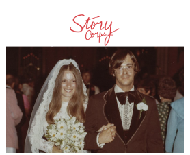 Here's an alt tag for the image: > Vintage wedding photo, StoryCorps logo.