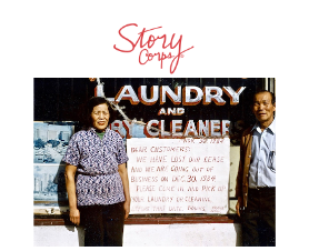 Here's an alt tag for the image: `Elderly couple closing laundry business`